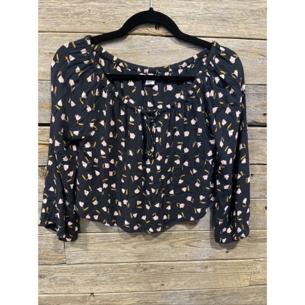 Billabong Women's Black Floral Light It Up Off‎ the Shoulder Long Sleeve Top S